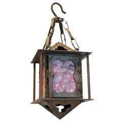 Antique Arts & Crafts Copper and Purple Slag Glass Lantern