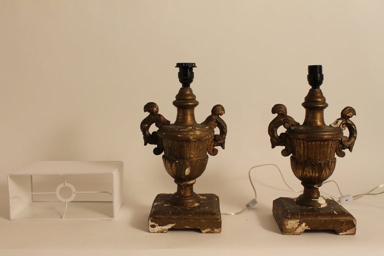 Pair of 19th Century Italian Carved and Gilt Wood Urn Form Lamps 4