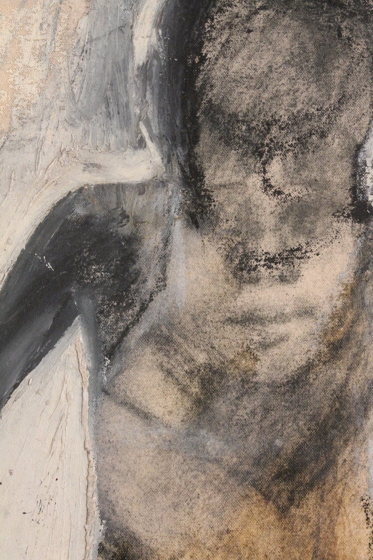 This canvas has a tremendous presence and is of a bather emerging from the water. It is charcoal and impasto oil applied in a very gestural manner. The palette is very muted.
It is a piece that was painted over a previous canvas , you can see the