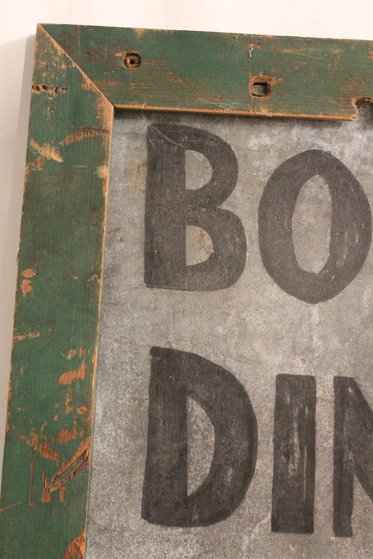 Fantastic surface and paint on this early 20th century painted advertising sign.
The sign has a very simple green painted pine frame.
Boiled Dinner 40 cents.