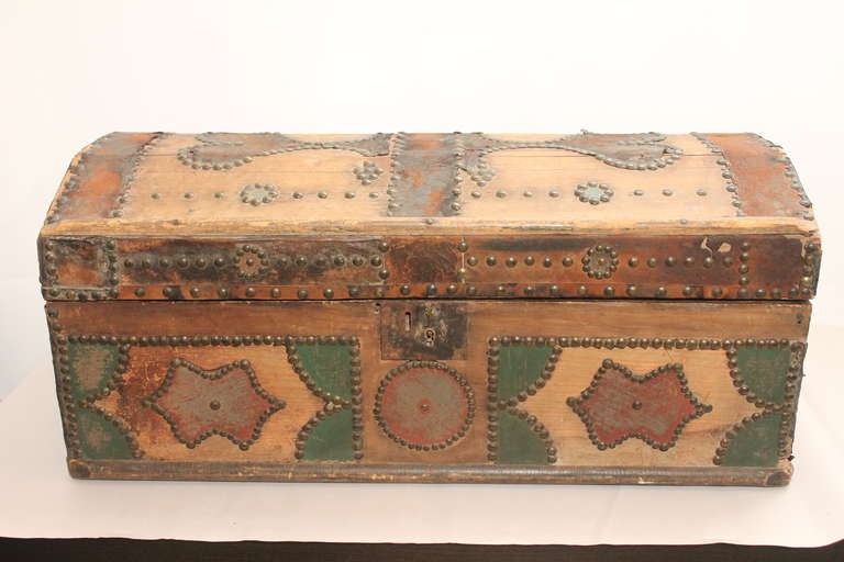 Early 19th Century Painted Pine, Leather and Brass Tacked Trunk