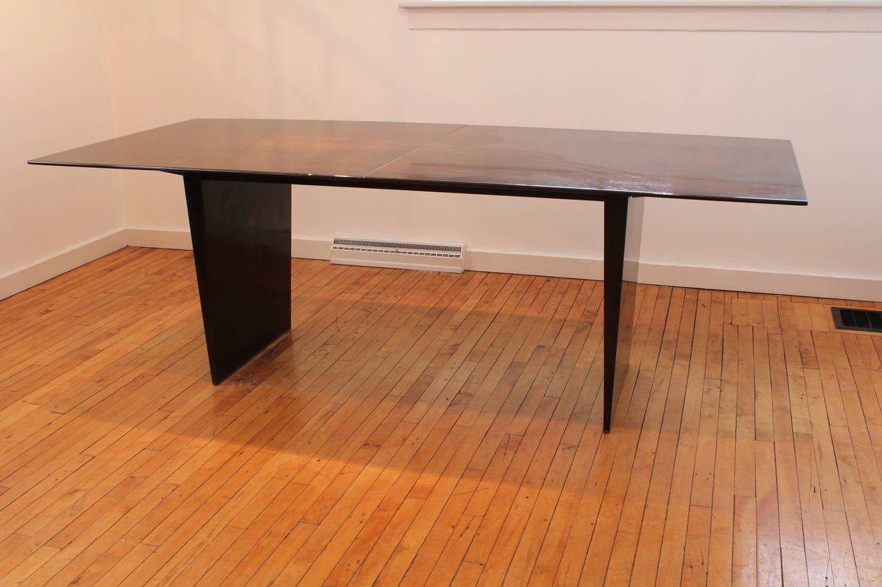 Edward Wormley slab table with 3 original leaves and 6 chairs covered in the original fabric designed by Jack Lenor Larsen , manufactured by Dunbar . From the home of John F. Kennedy Jr. and Carolyn Bessette-Kennedy located at 20 N. Moore Street ,