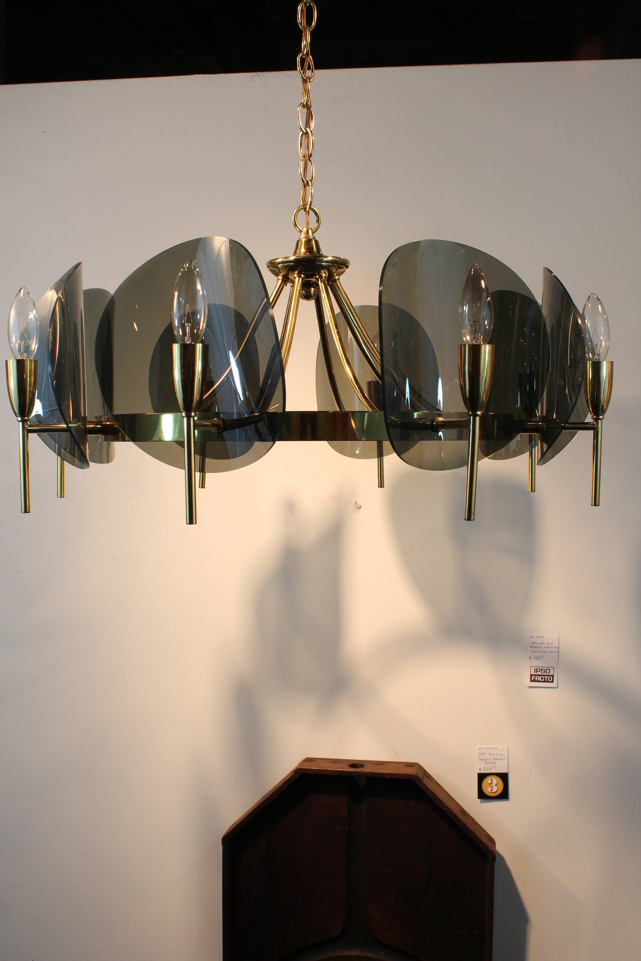 Feldman Co. 1960s Brass and Smoked Plexiglass Chandelier