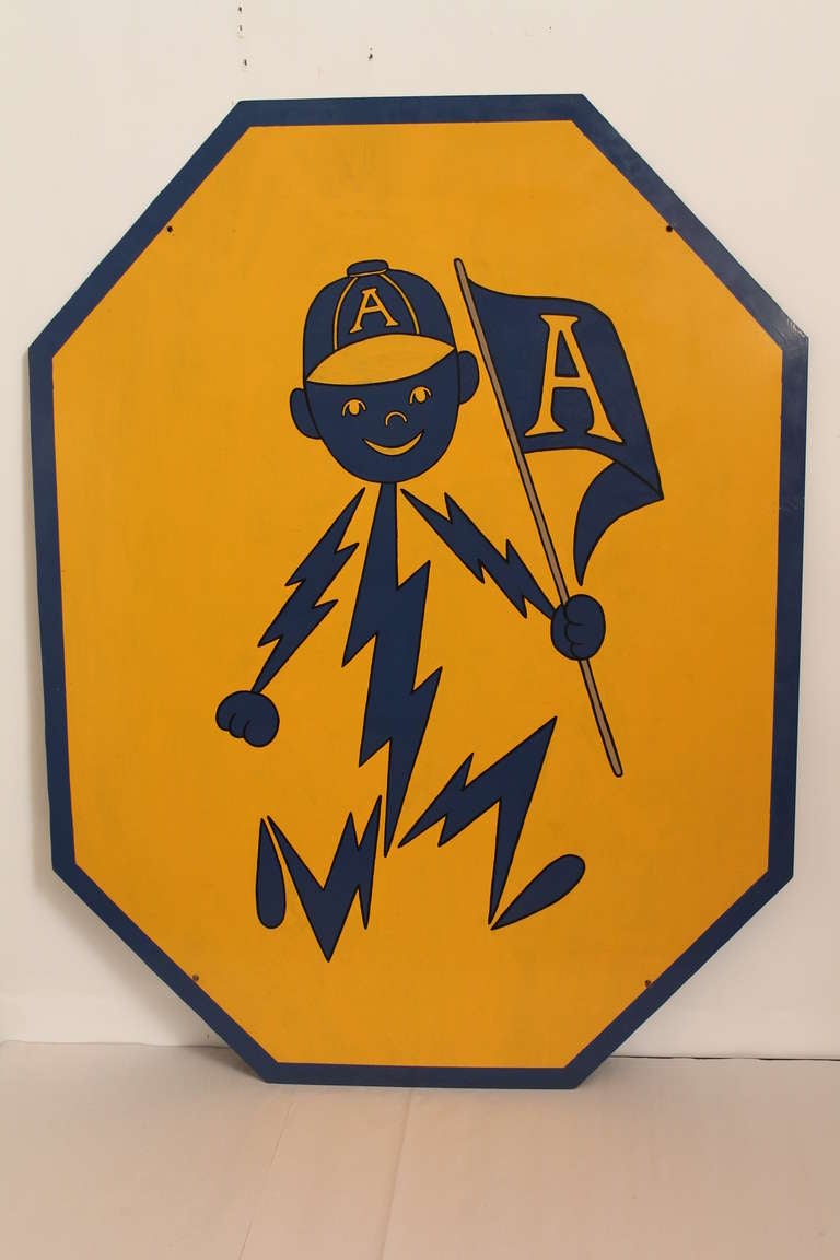 Goooooo A's!!
Fun and graphic large scale hand painted high school mascot on masonite board from Ohio.