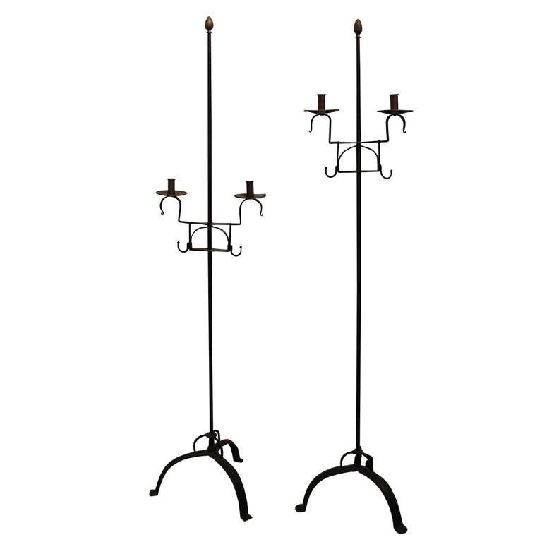 Pair Of Early 20th Century Wrought Iron 5 Foot Tall Candle Stands For