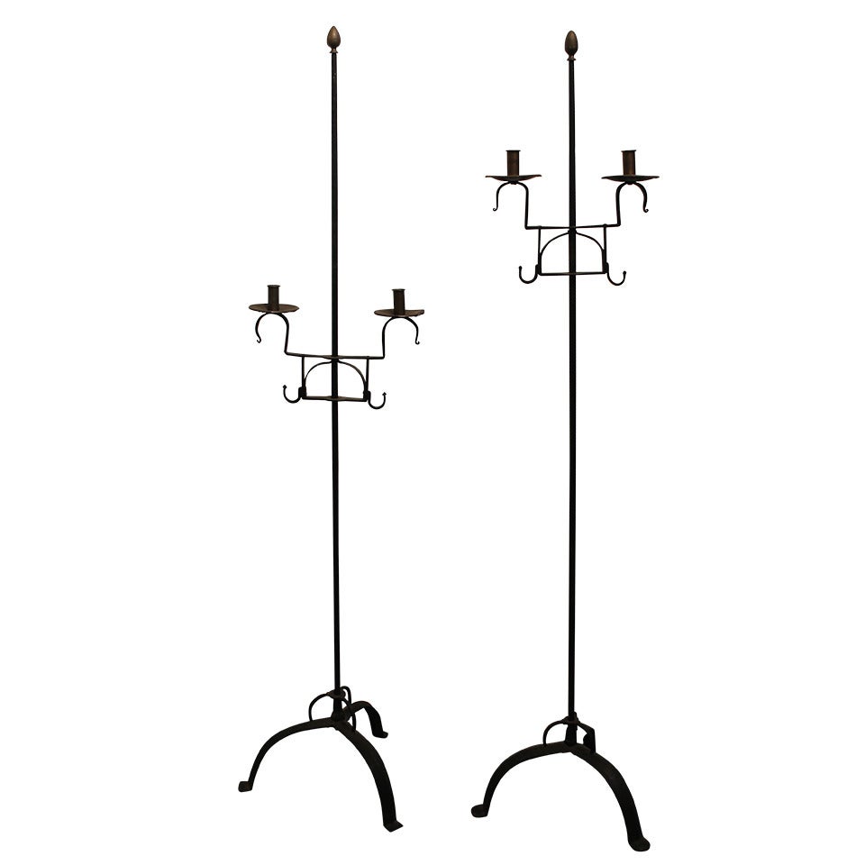 Pair Of Early 20th Century Wrought Iron 5 Foot Tall Candle Stands For Sale