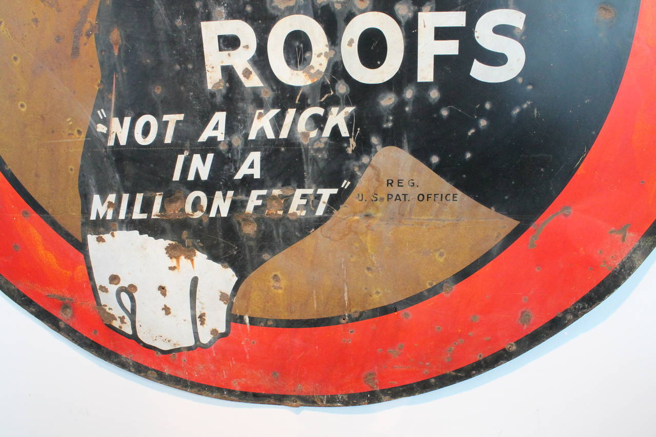 Fantastic patina and wonderfully distressed and worn advertising sign on metal.
Mule - Hide Roofs 