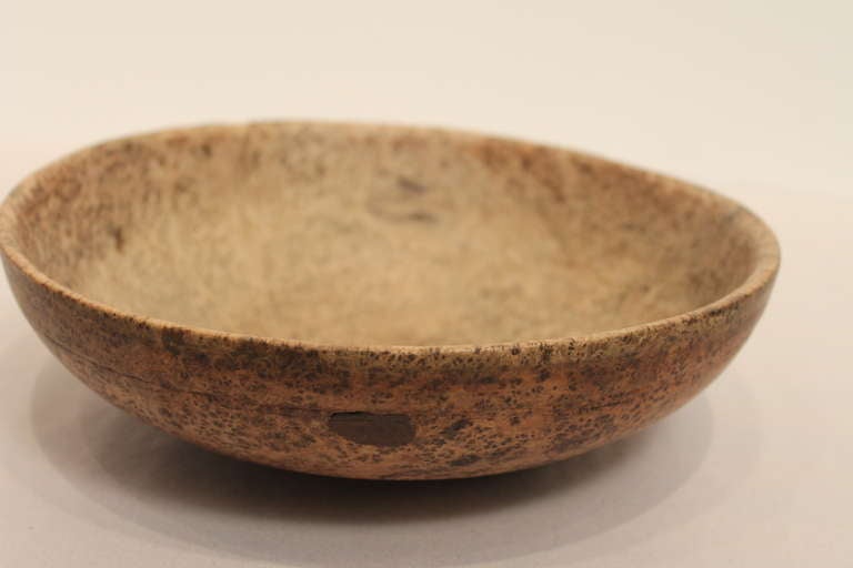 A graphic and beautifully turned late 18th Century ash burl bowl from New England. Untouched original surface.
Great turnings on the outside near the top and at the base.