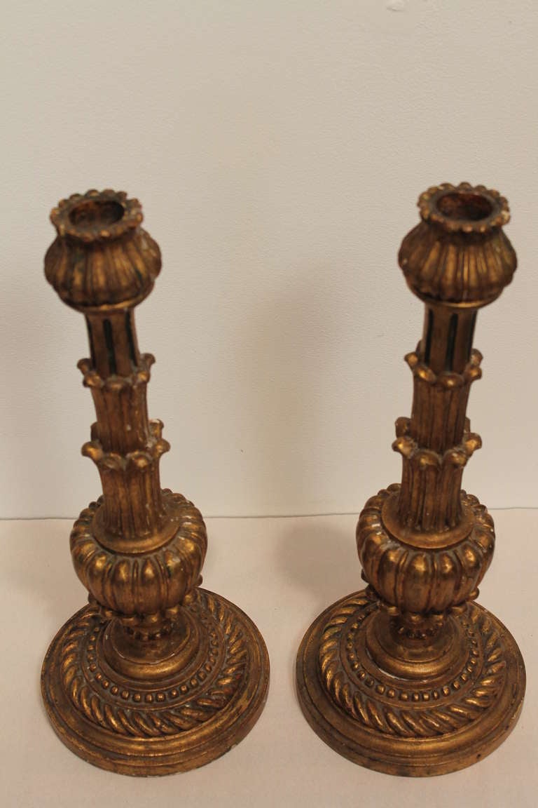 Pair of Italian Carved and Gilt Wood Candle Stands In Excellent Condition For Sale In 3 Oaks, MI
