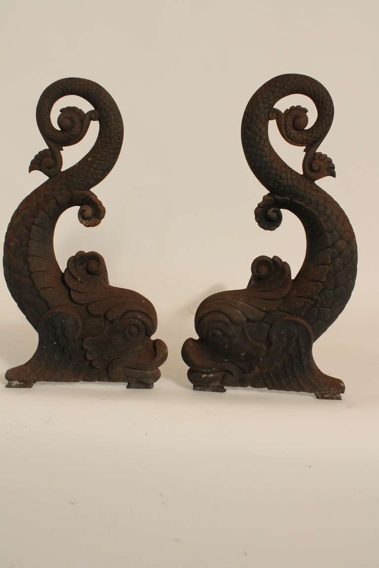 Wonderful graphic cast iron dolphin form andirons , patent 1868.
Stamped B&H on back.