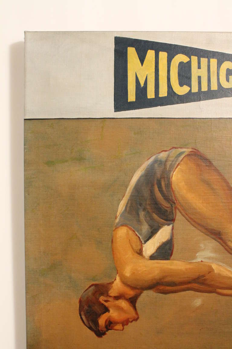 Great full action portrait on canvas of Ralph Heikkinen , who was a multiple sports athlete for the University of Michigan from 1936-1938.
He is depicted here diving , but he was the MVP of the football team 1937-1938 , and finished in second place