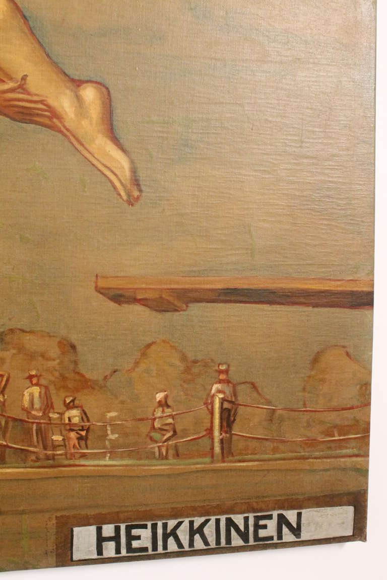 Canvas Large Scale 1940's University of Michigan Diving Painting For Sale