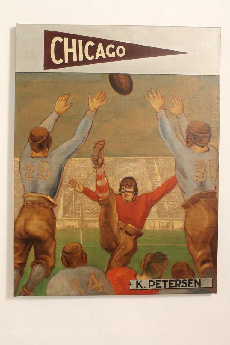 Great full action portrait on canvas of K.C. Petersen , who played football for the University of Chicago in 1937.
From a collection of 9 different action sports portraits that were likely from an Athletics Association.
Canvas restretched , and