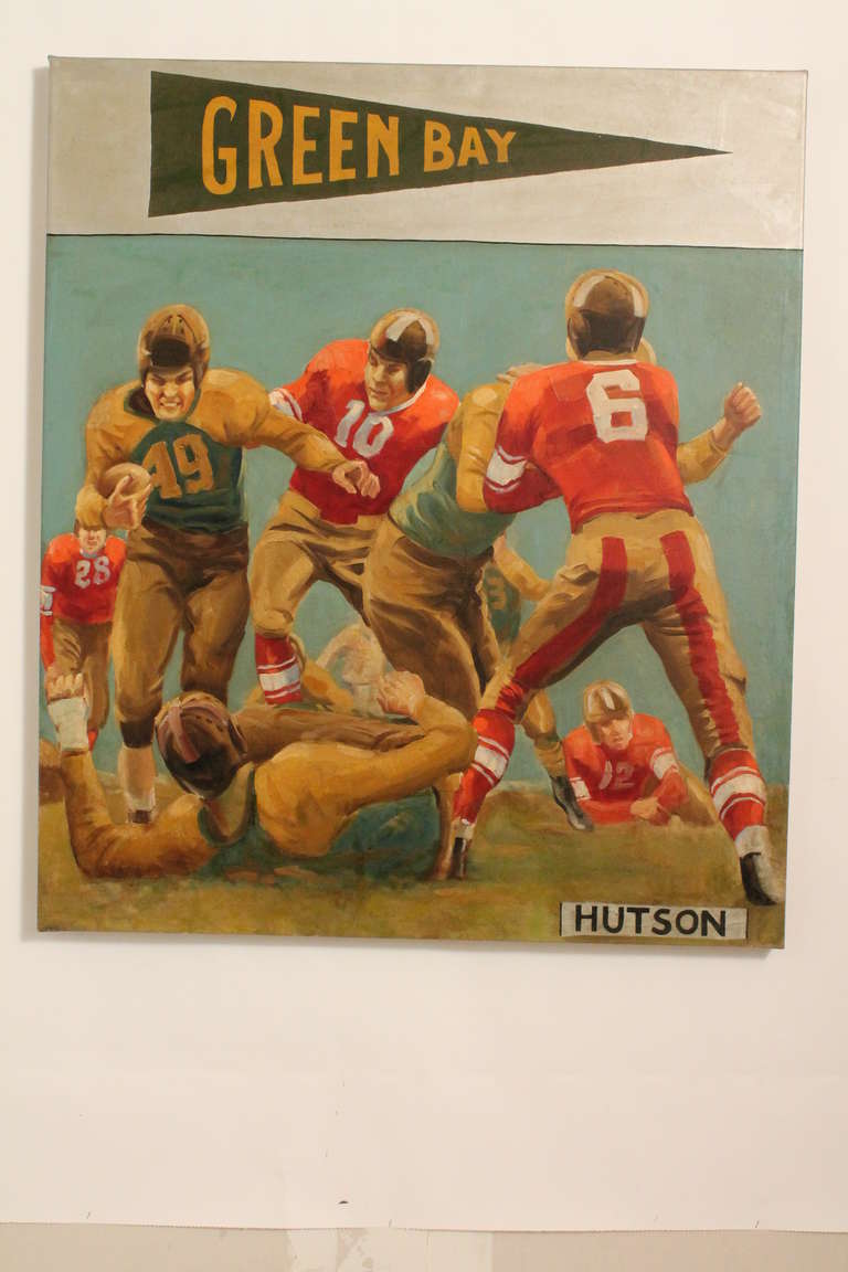 Great full action portrait on canvas of Don Hutson .
He played for the Green Bay Packers for 11 seasons from 1935-1945.
He is considered the first modern receiver , and lead the league in receptions 8 times.
He is inducted into the Pro Football