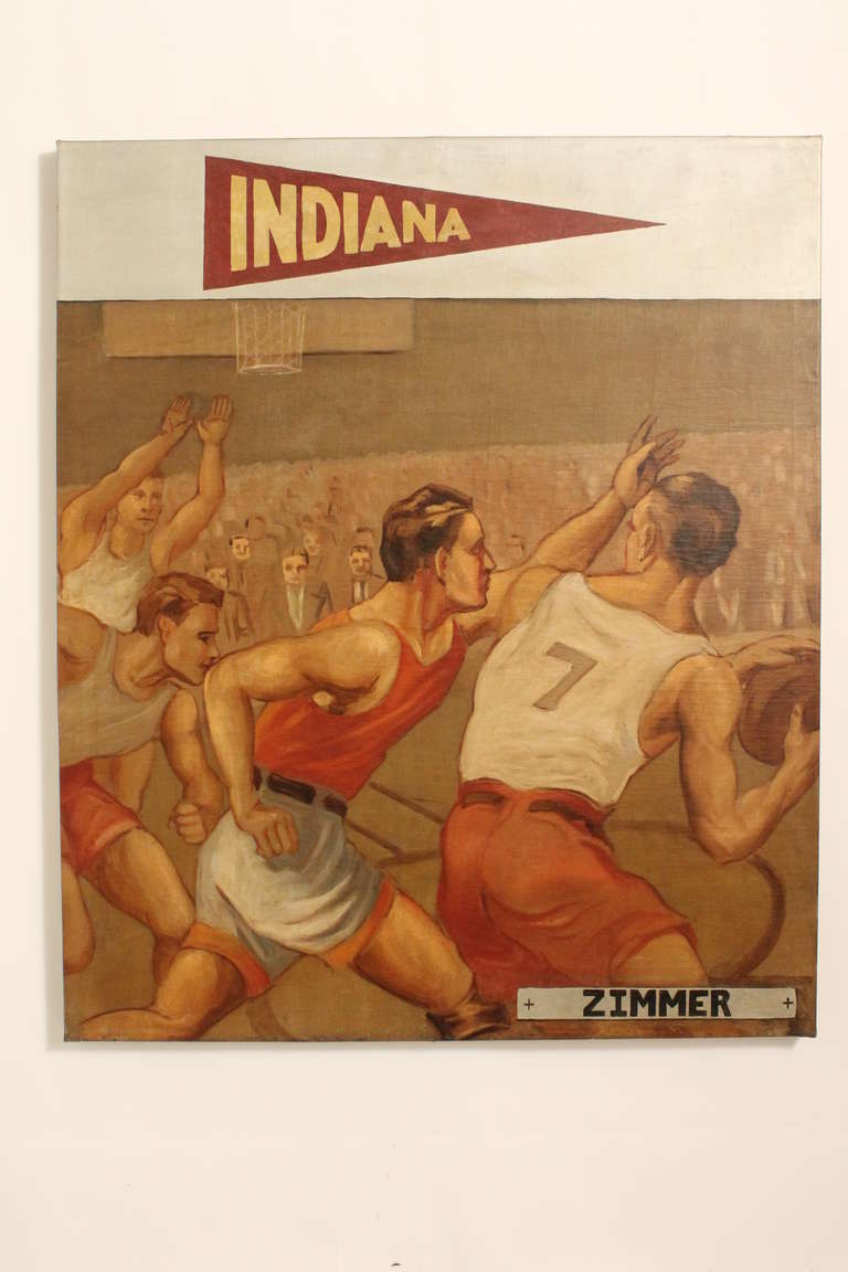 Great full action portrait on canvas of Andy Zimmer , who played basketball for the Indiana University 1939-1940.
He was inducted into the Indiana Basketball Hall of Fame in 1999.
He was an NCAA All-American and lead Indiana to their 1st National