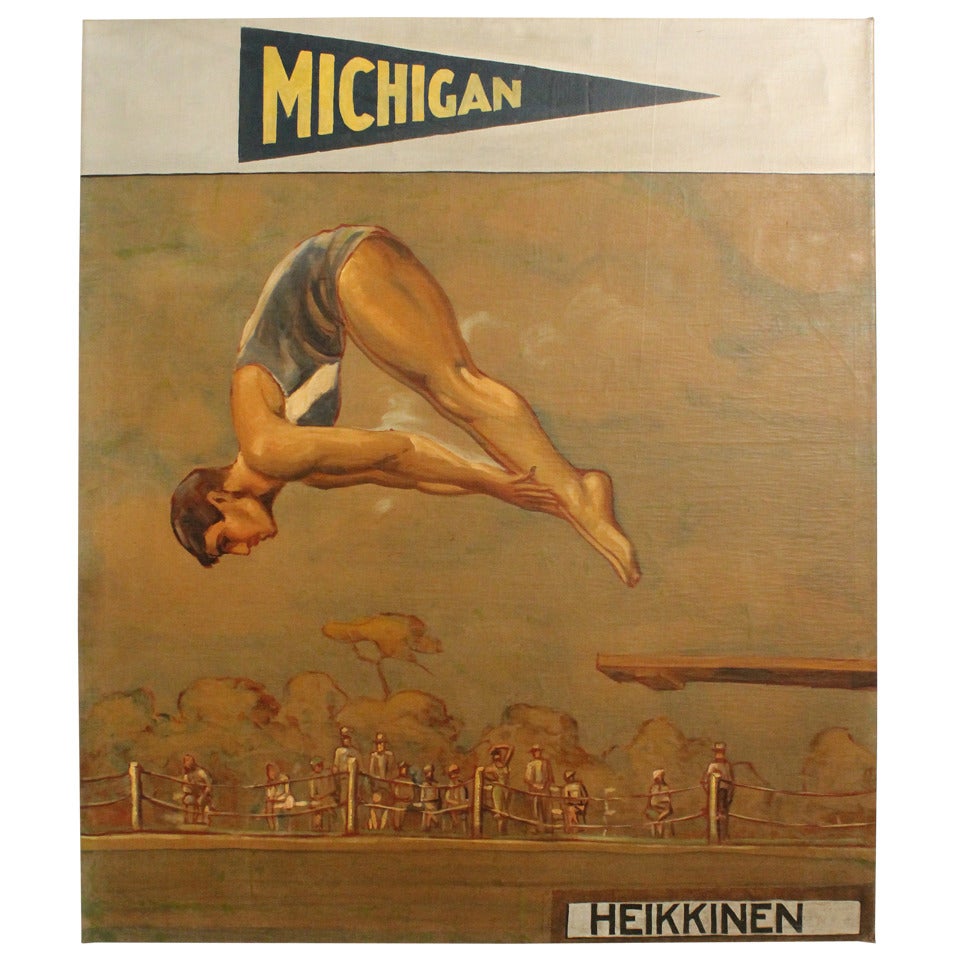 Large Scale 1940's University of Michigan Diving Painting For Sale