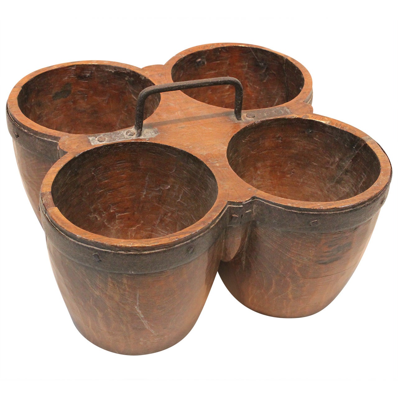 Hand Carved Four Compartment Bowl with Iron Supports and Handle For Sale