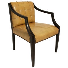 1940's Hollywood Regency Mustard Patent Leather and Ebonized Wood Armchair