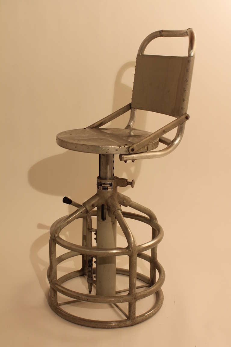 American 1950's Aluminum Sculptural Adjustable Height Airplane Stool For Sale