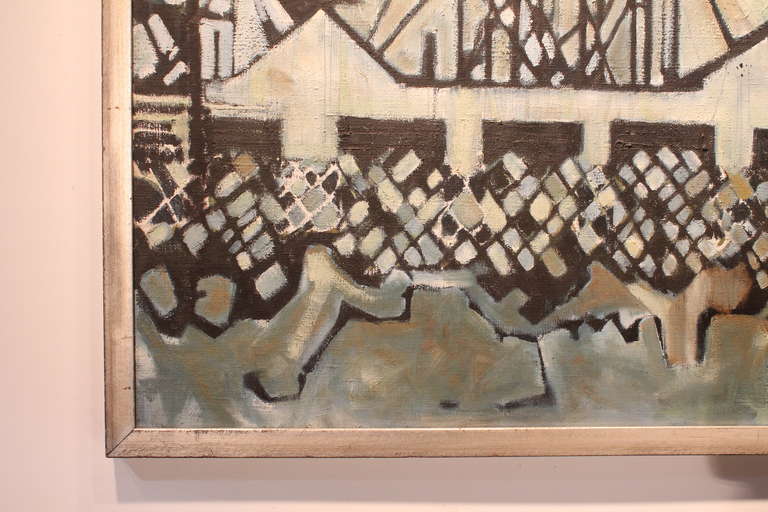 Fantastic abstracted angular landscape on canvas with great earthy pallette.
Signed illegibly in the lower right corner.
On the back there is also some illegible print on the canvas and 
