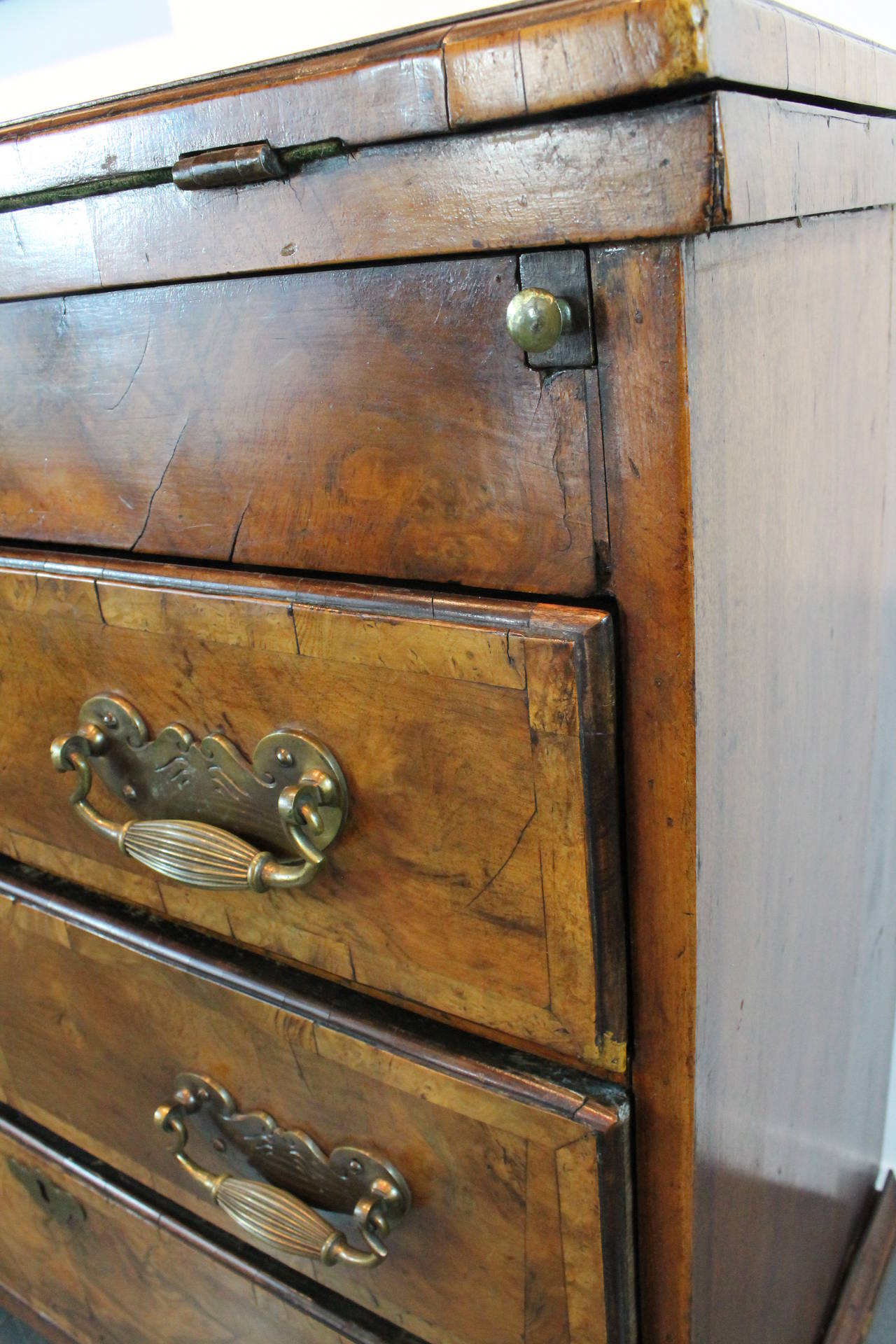 William and Mary Circa 1720 Diminutive English Burled Walnut Secretaire Chest For Sale 2