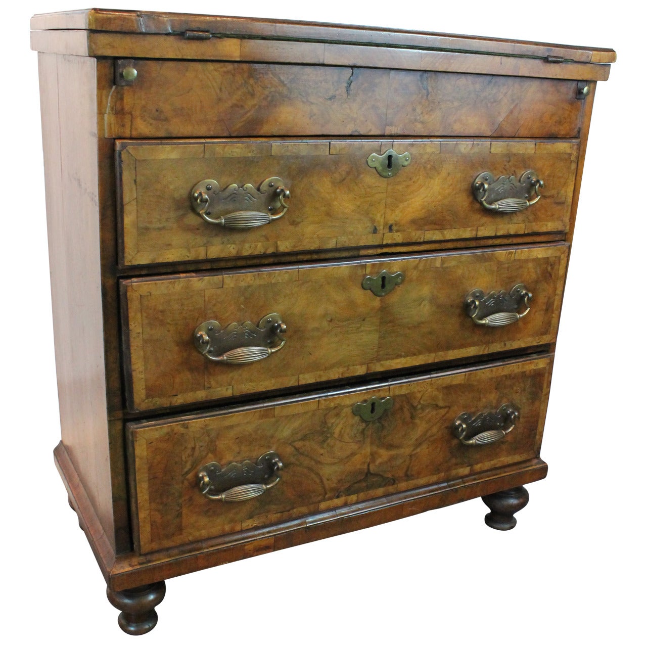William and Mary Circa 1720 Diminutive English Burled Walnut Secretaire Chest For Sale