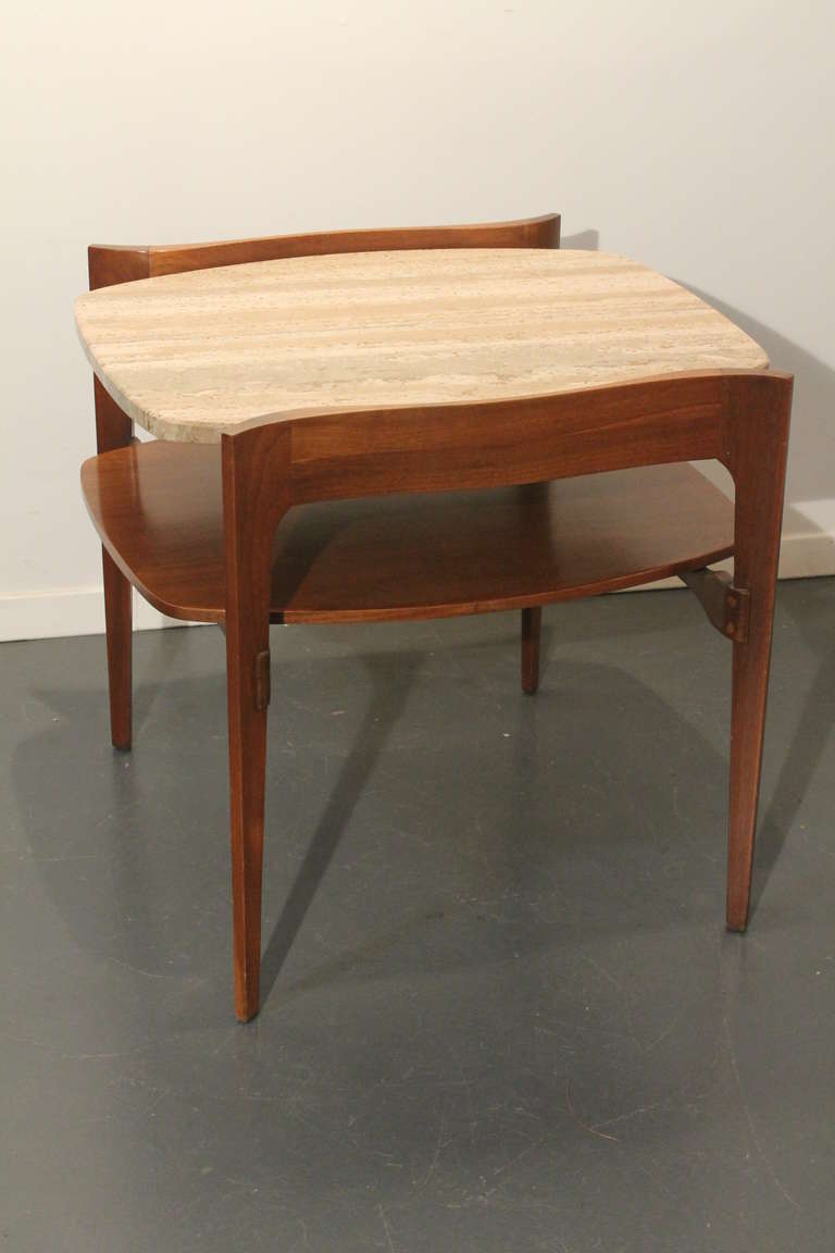 Mid-Century Modern Bertha Schaefer for Singer & Sons Travertine and Walnut Side Table