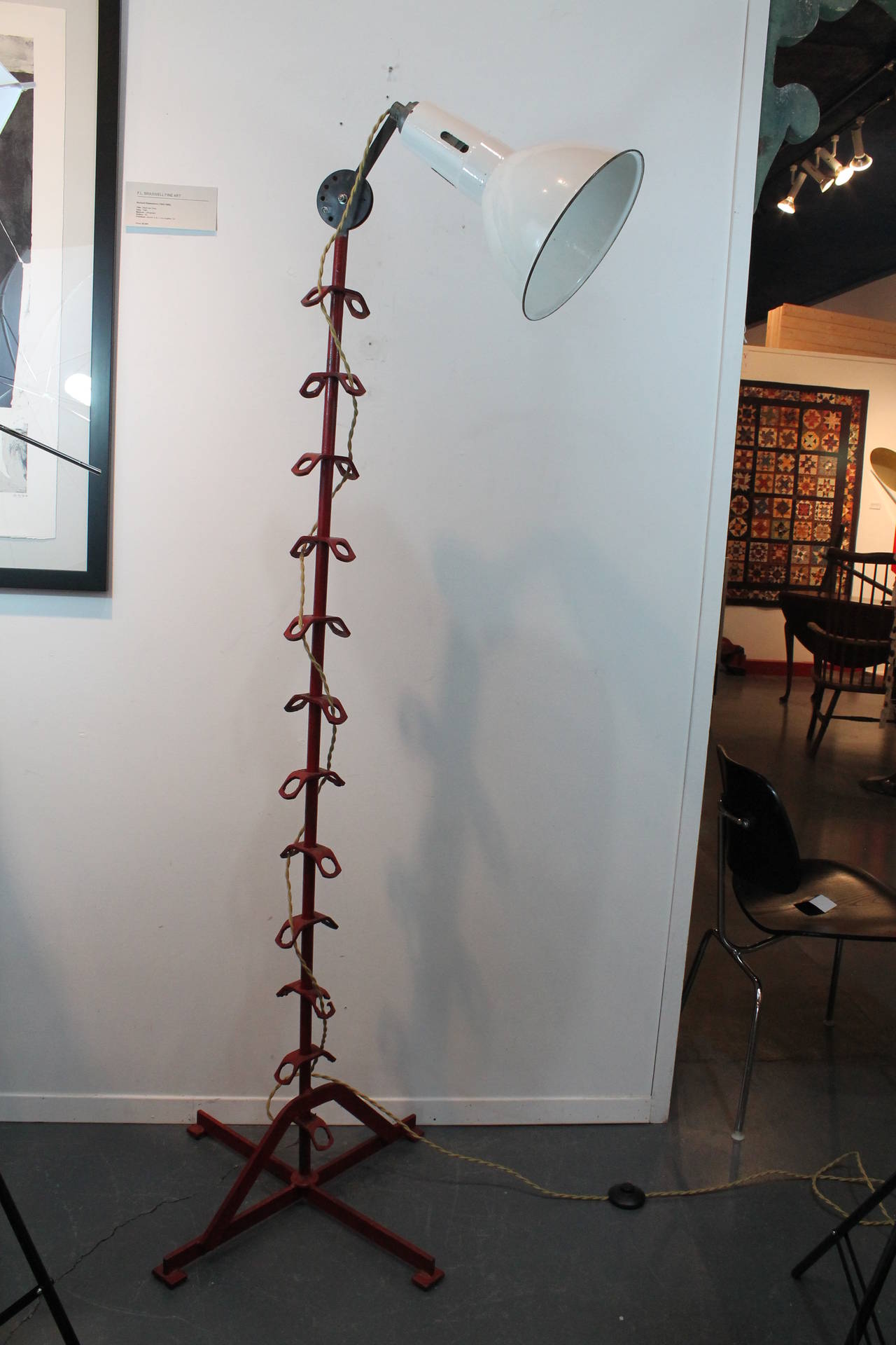 Sculptural Red Painted Wrought Iron and Enamel Hooded Floor Lamp In Excellent Condition For Sale In 3 Oaks, MI