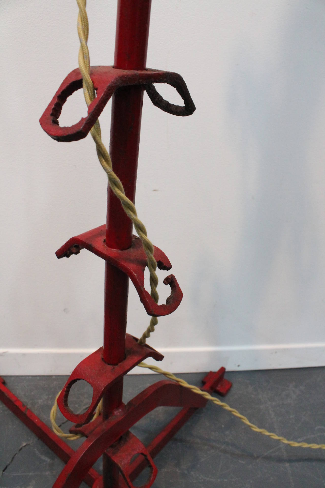 Sculptural Red Painted Wrought Iron and Enamel Hooded Floor Lamp For Sale 5