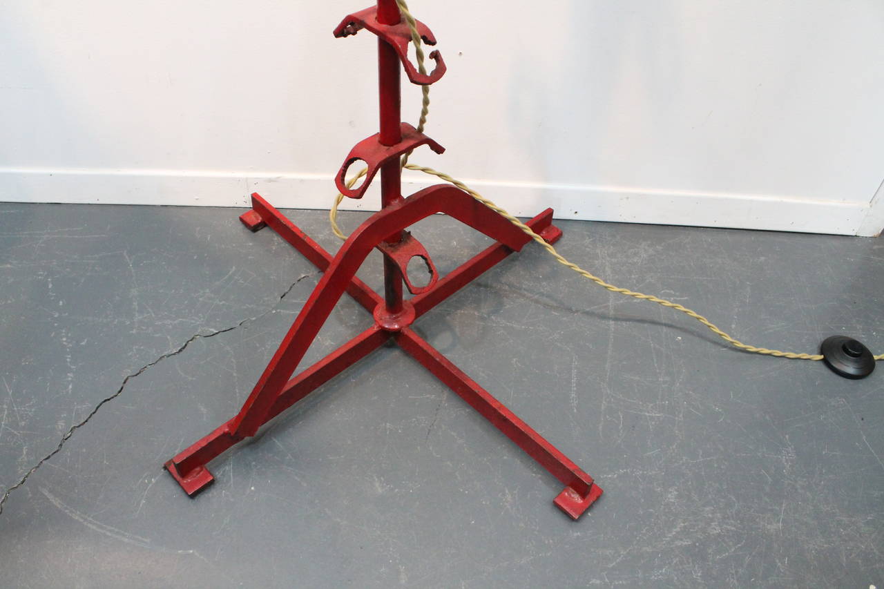 Sculptural Red Painted Wrought Iron and Enamel Hooded Floor Lamp For Sale 6