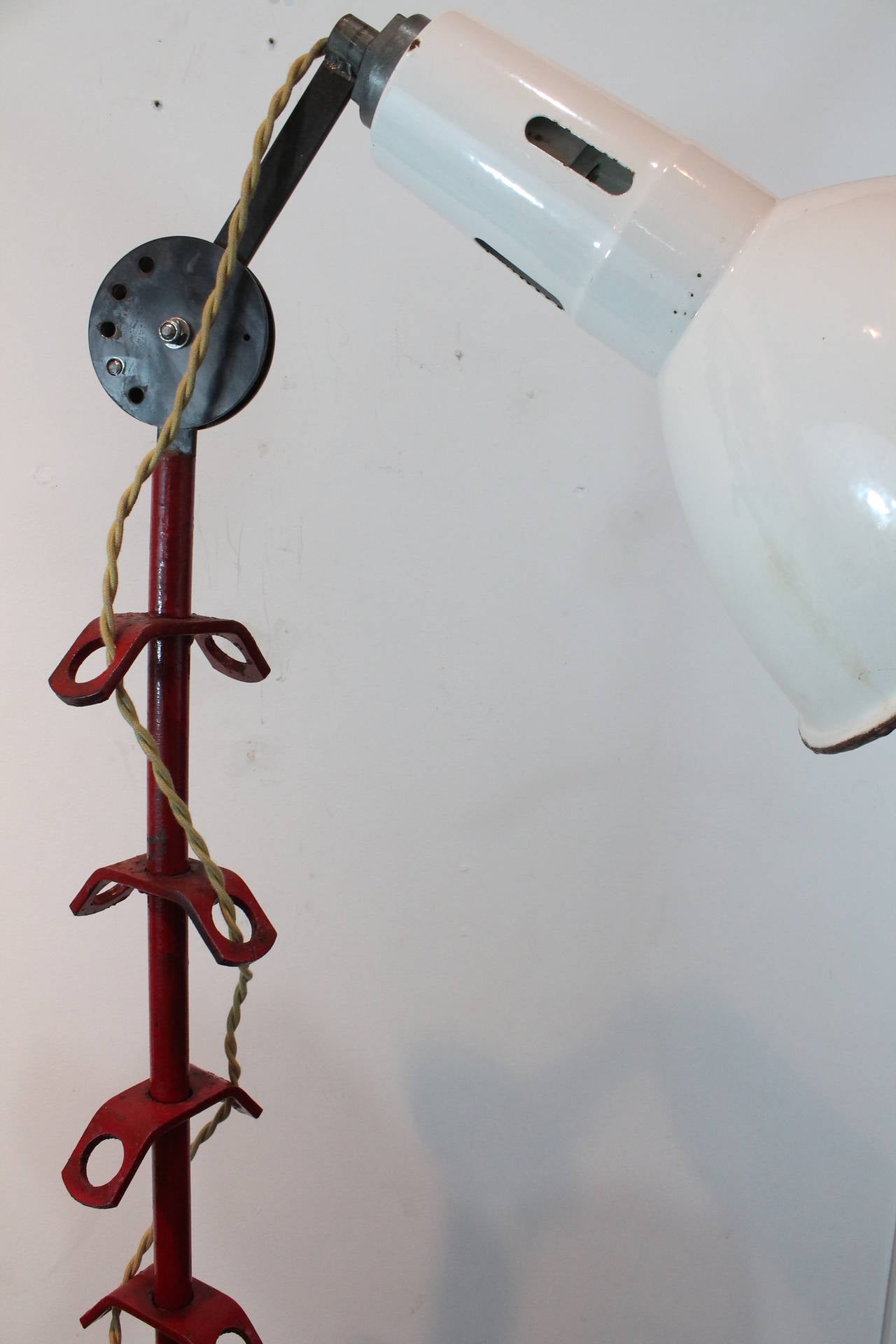 20th Century Sculptural Red Painted Wrought Iron and Enamel Hooded Floor Lamp For Sale