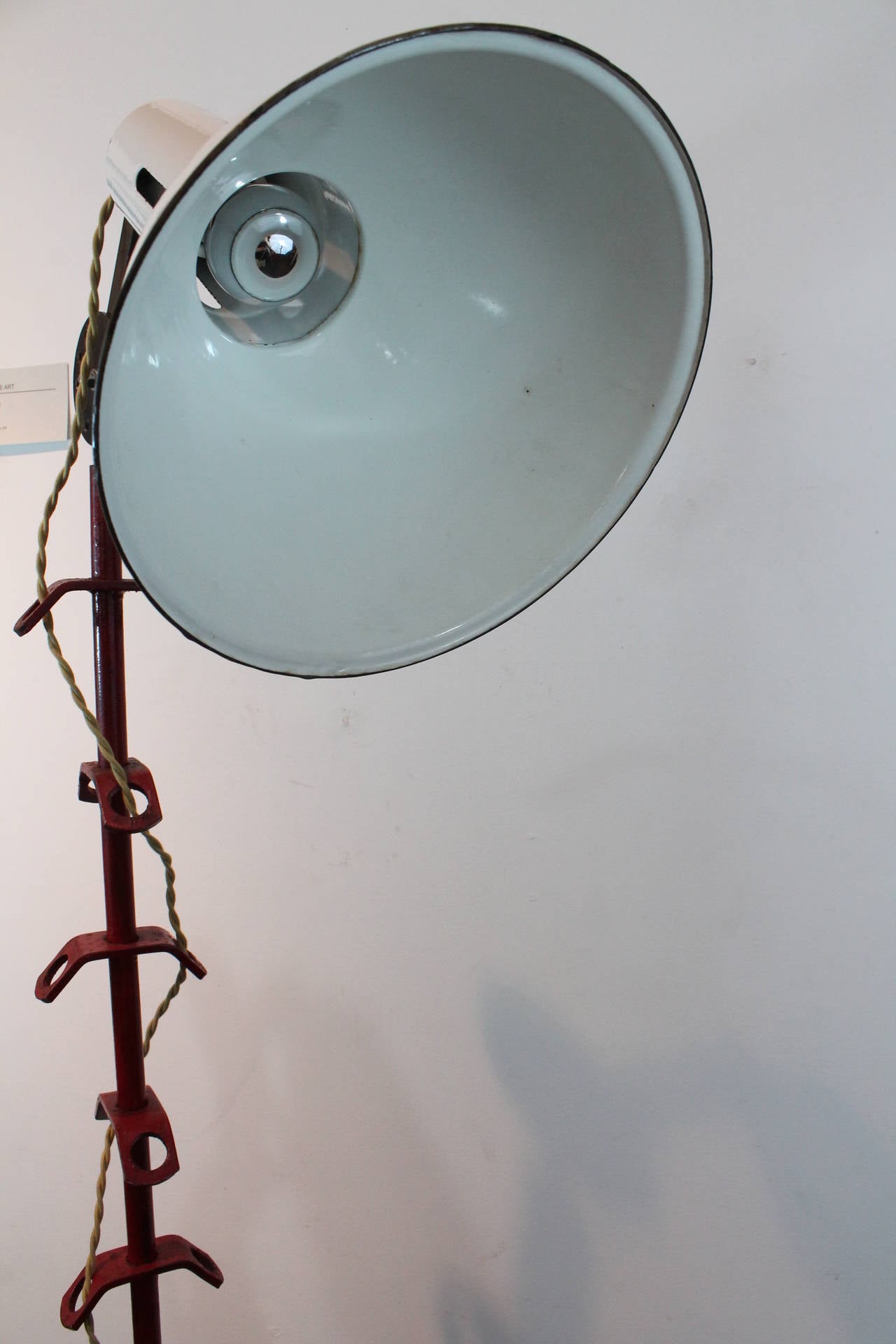 Sculptural Red Painted Wrought Iron and Enamel Hooded Floor Lamp For Sale 2