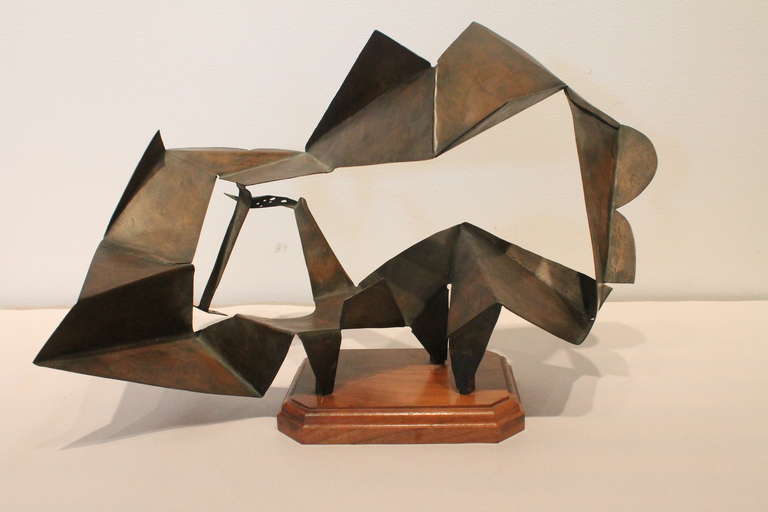 Very strong line and form on this copper Modernist origami sculpture.
Great from every angle.
Ingeniously constructed.