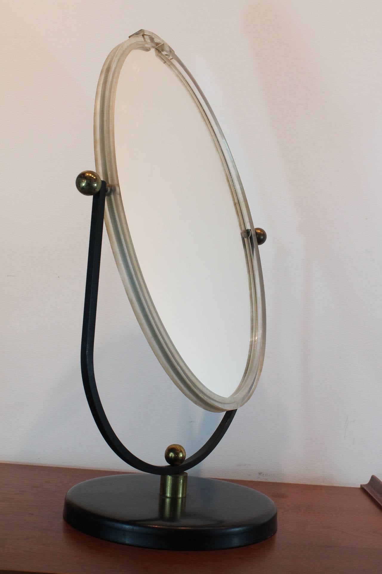 Mid-Century Modern Lucite and Brass Double Sided Vanity Mirror