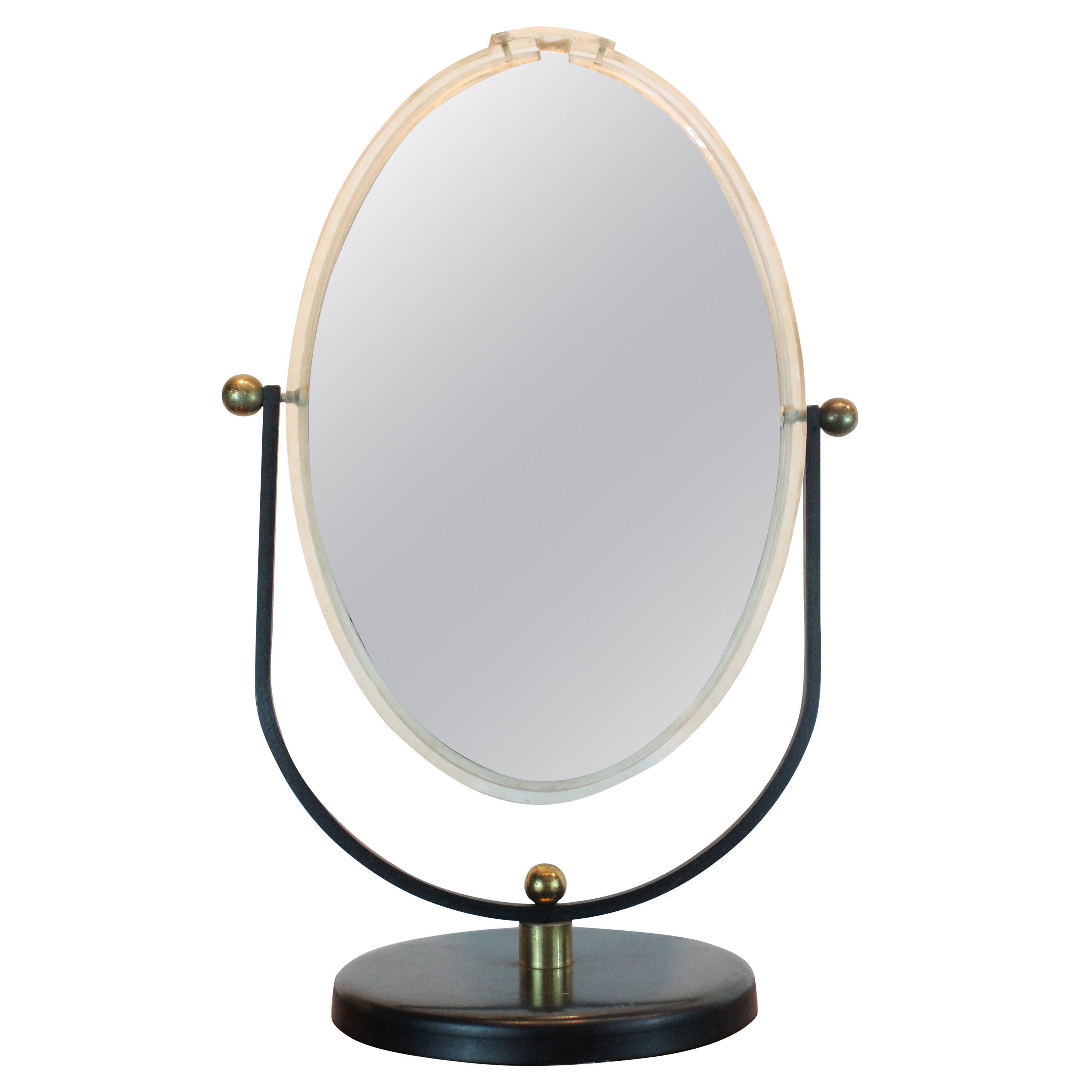 Mid-Century Modern Lucite and Brass Double Sided Vanity Mirror For Sale