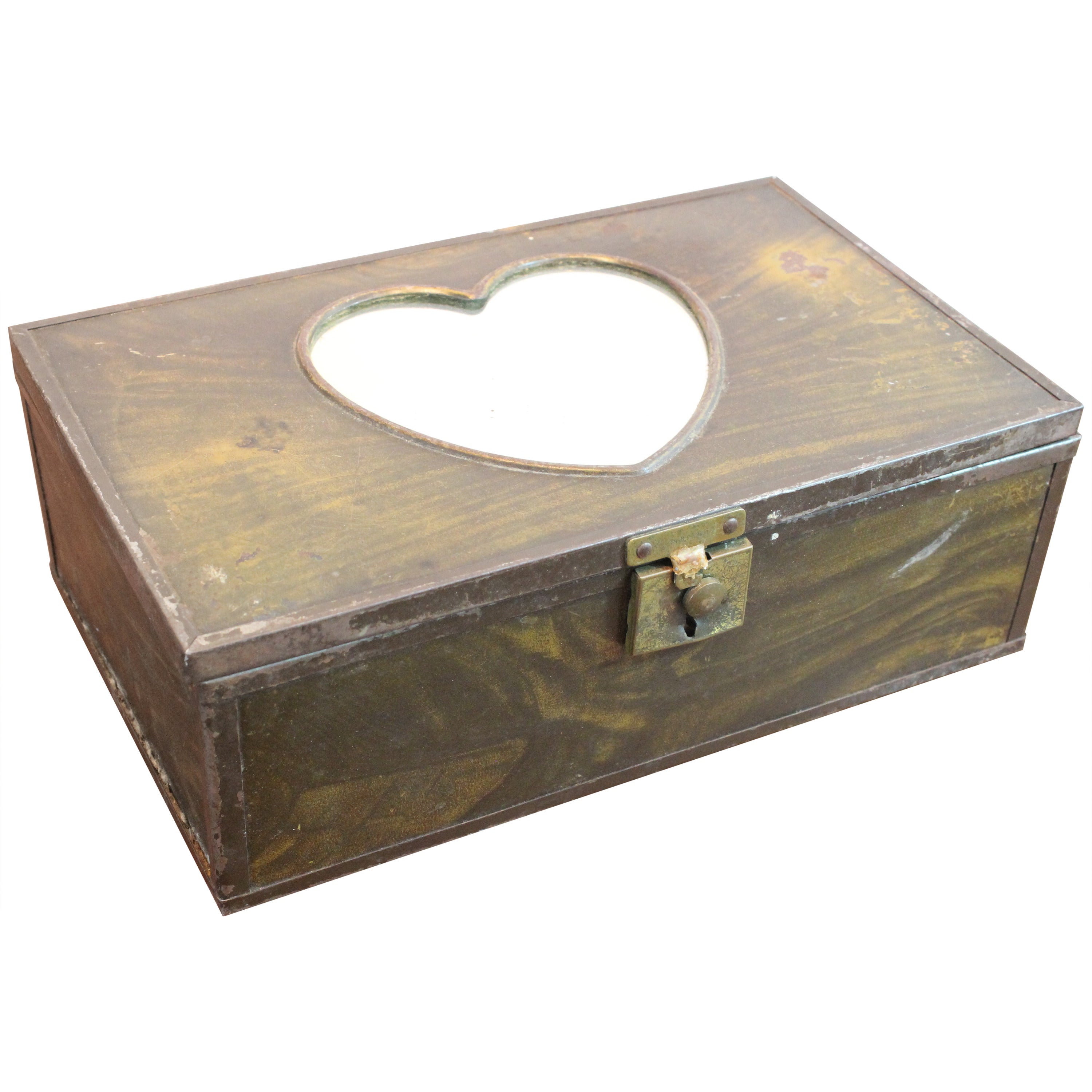 Tole Faux Grain Mirrored Heart Box For Sale
