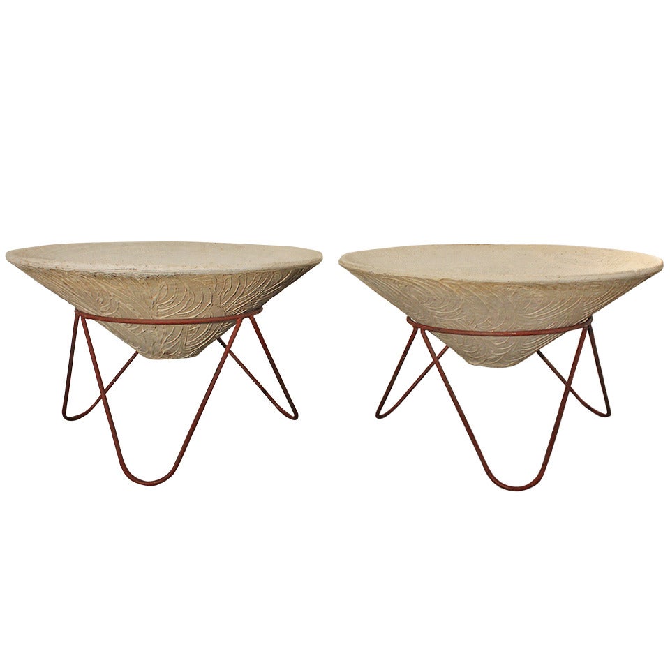 Pair of Sculptural Mid-Century Modern Minimalist Concrete and Iron Planters