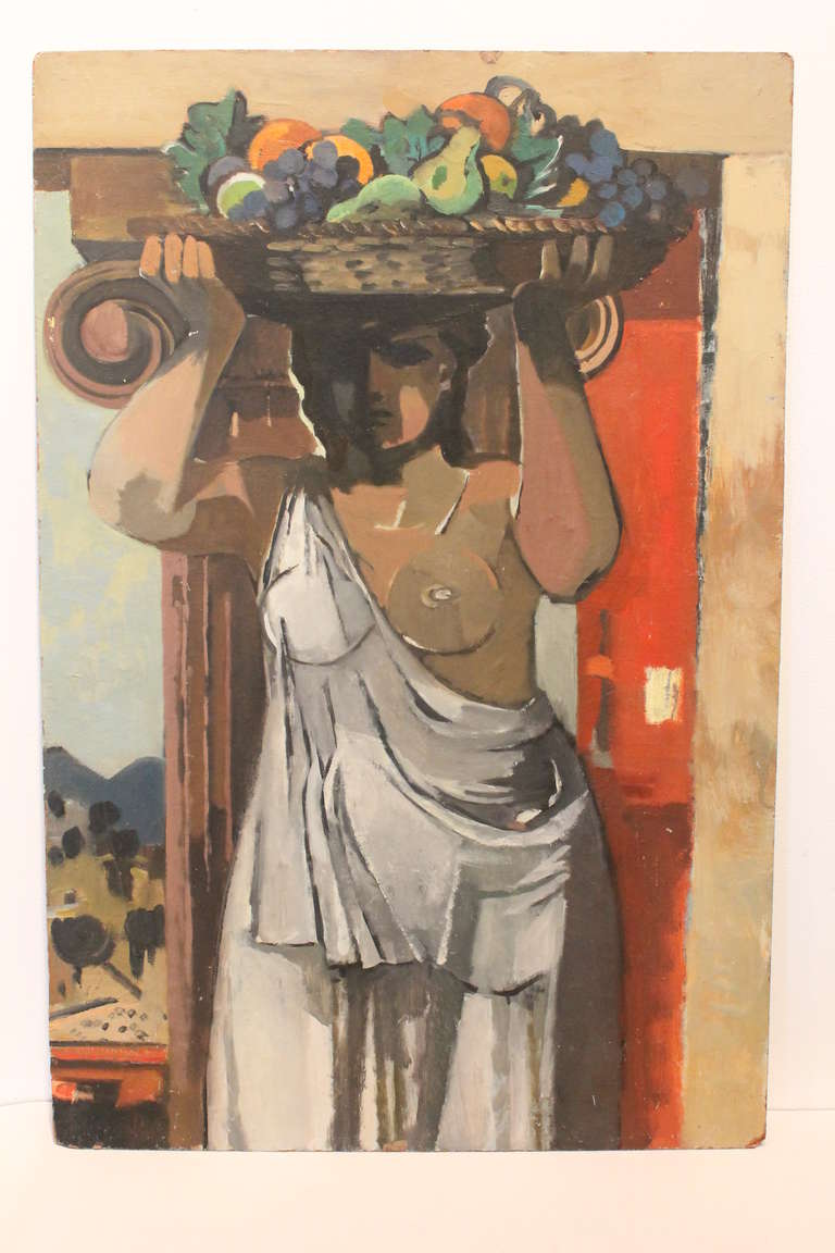 Great pallette , line  and composition on this De Chirico inspired oil on board of a partial nude holding a fruit basket over her head in a classic landscape.