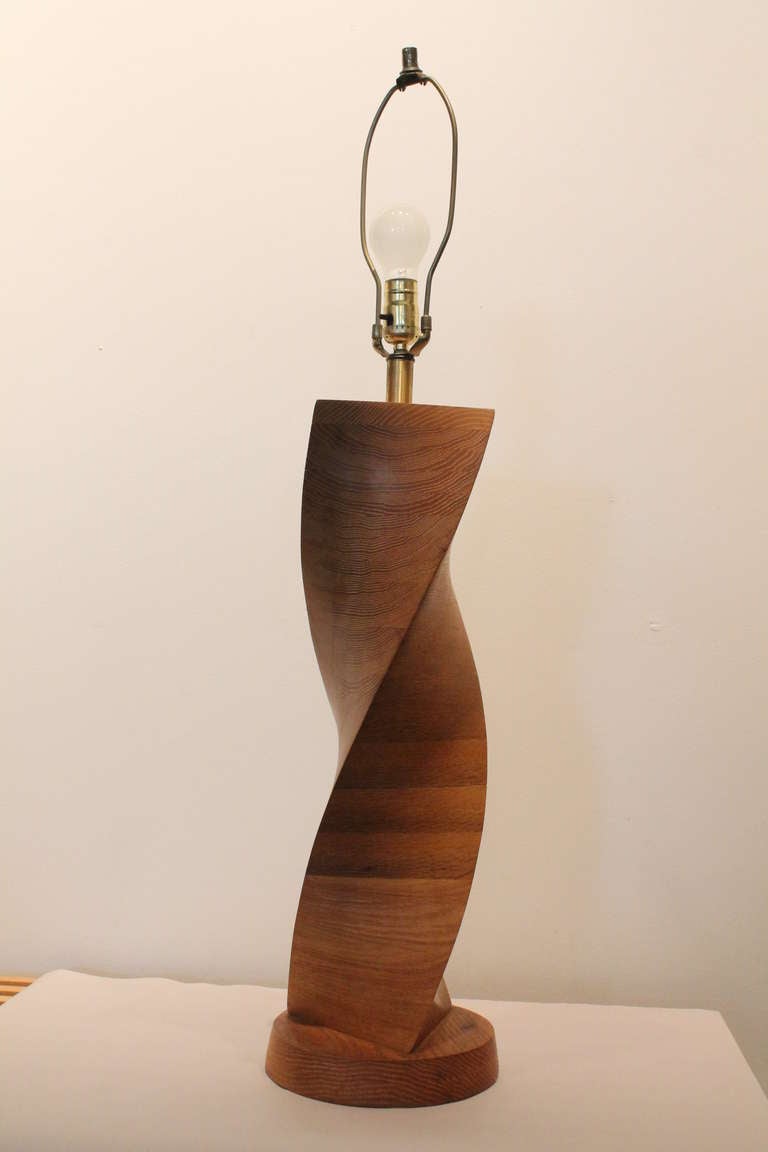 Great design on this large scale Mid-Century Modern table lamp consisting of a series of triangular cerused oak pieces assembled in a spiral pattern.<br />
Strong architectural form.<br />
Signed Richard F. Taylor on the base.