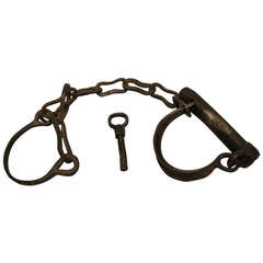 Antique 19th Century Hand-Forged Iron Shackles with Original Key
