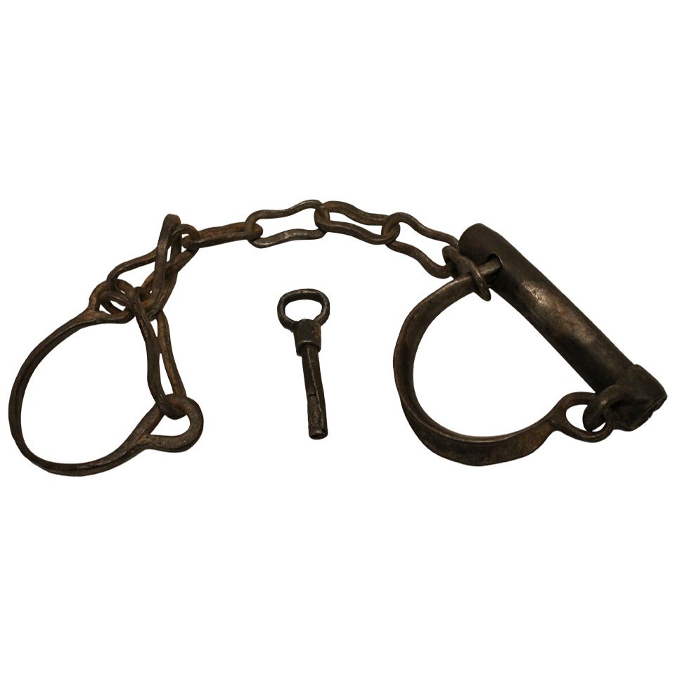 19th Century Hand-Forged Iron Shackles with Original Key For Sale