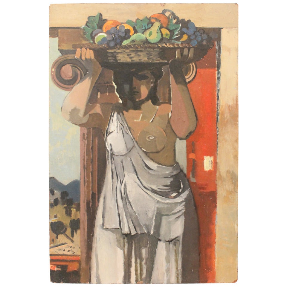 Early 20th Century Oil on Board of Nude with Fruit Basket For Sale