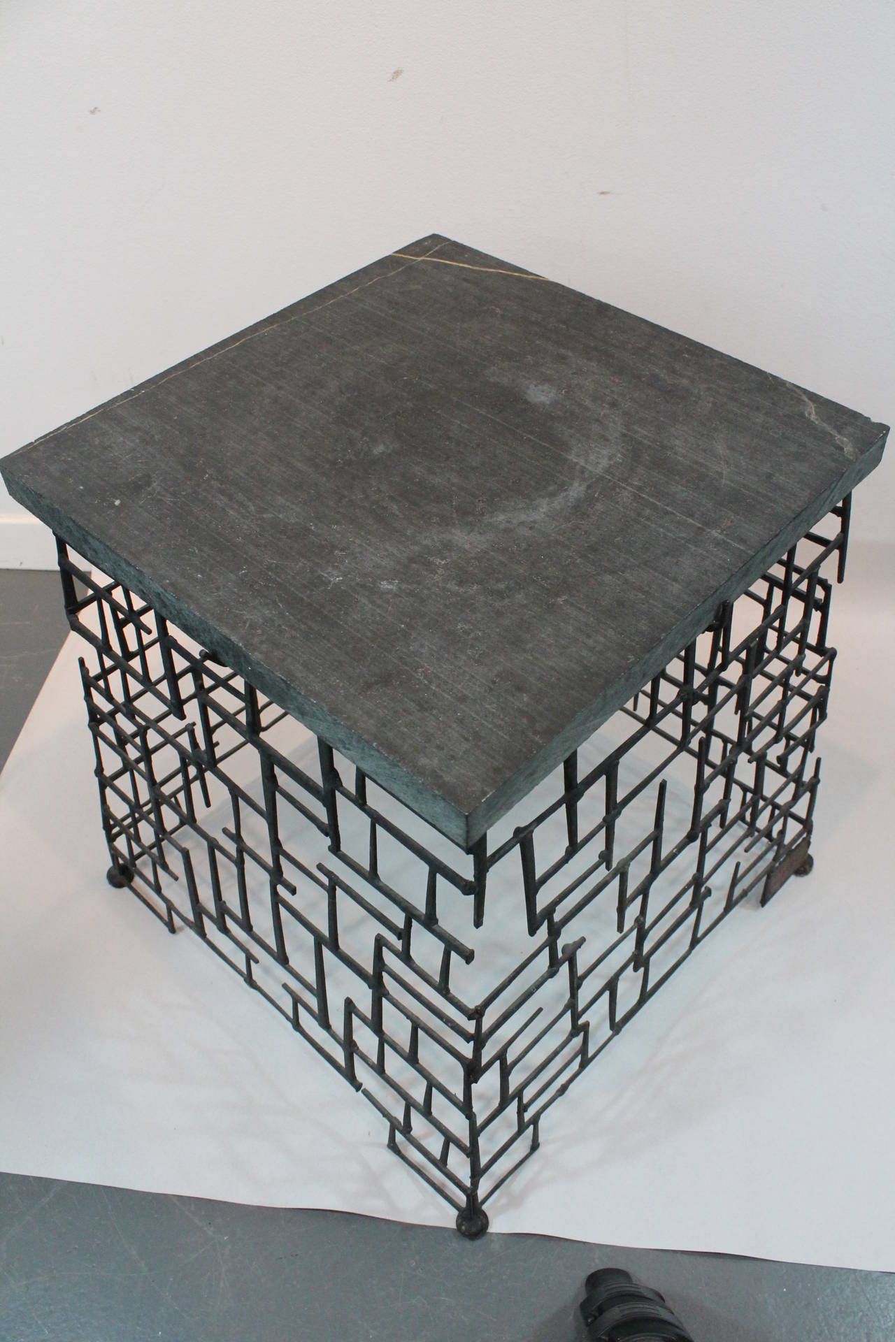 Late 20th Century 1970s Brutalist Nail and Slate Side Table For Sale