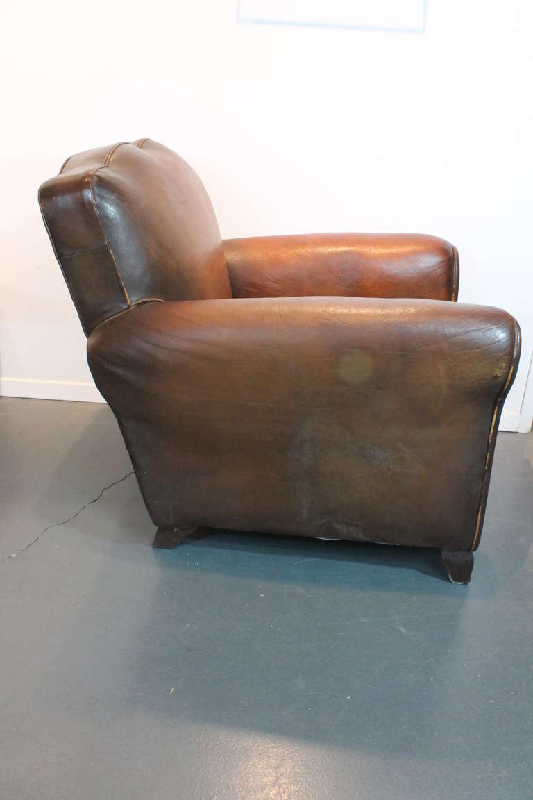 French Leather Art Deco Club Chair In Good Condition In 3 Oaks, MI