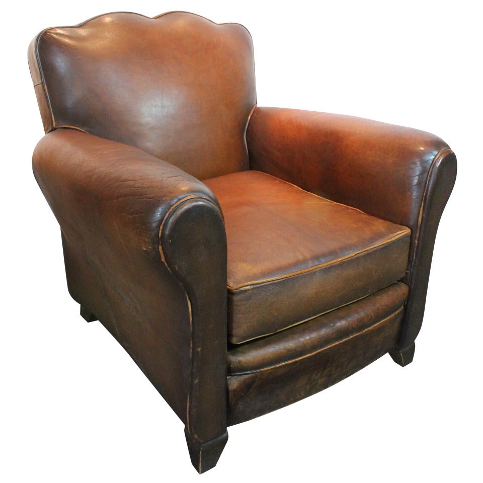 French Leather Art Deco Club Chair