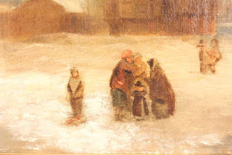 19th Century oil on canvas of a European winter scene.
Fantastic heavily detailed and gilt frame.
Wonderful composition.