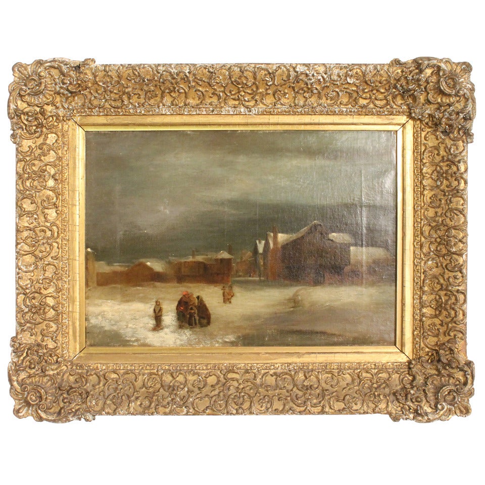 19th Century European Oil on Canvas of a Winter Scene For Sale