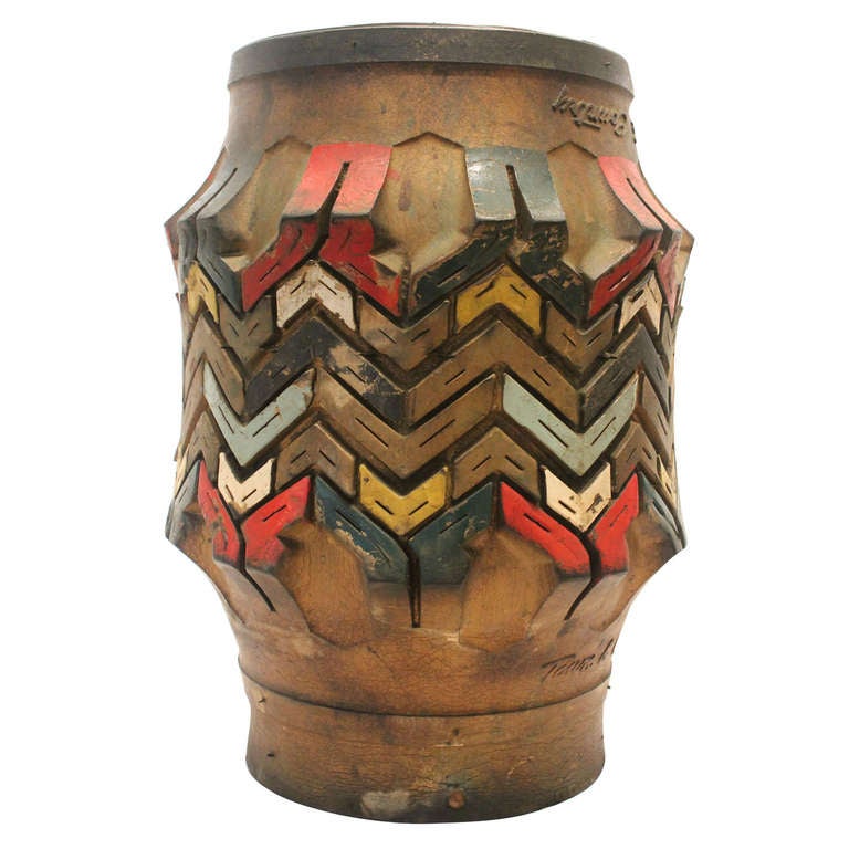 Folk Art Painted Tire Vase at 1stdibs
