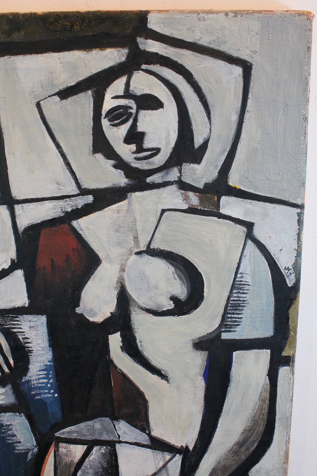 Cubist Inspired Figurative Oil on Canvas In Excellent Condition For Sale In 3 Oaks, MI