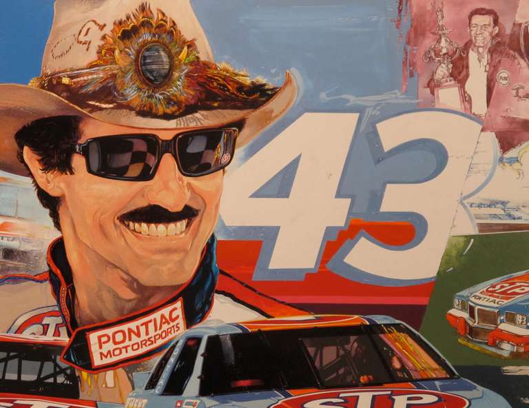 An original automotive illustration of NSCAR racing champion Richard Petty.
Art work was used as an advertising promotion by GM Pontiac as a farewell tour poster, as shown in the last image. This one of a kind gouache illustration is signed by the